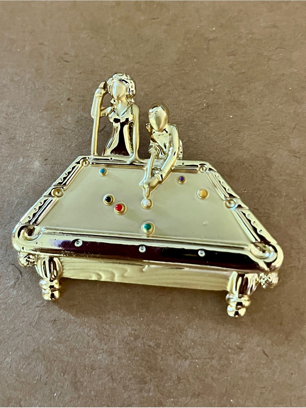 Vintage Jewelry Brooch
Signed AJC Pool Table...gold tone substantial metal pin
